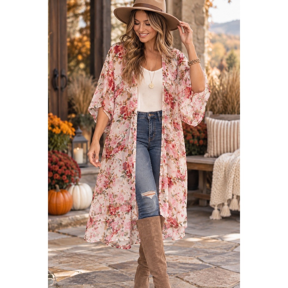 American Eagle Floral Kimono Medium Sheer Boho Cottagecore Festival Cover Up